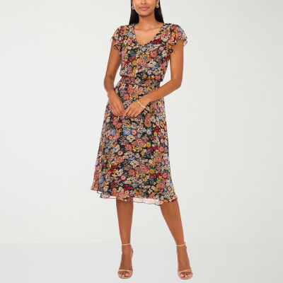 MSK Petite Short Sleeve Floral Midi Fit + Flare Dress