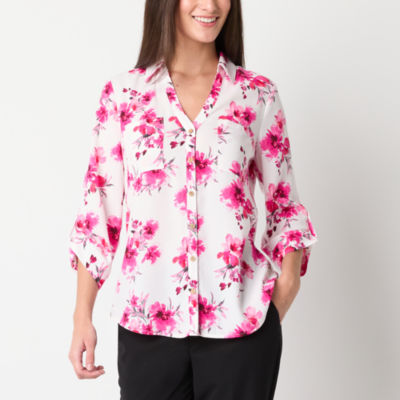 by&by Juniors Womens 3/4 Sleeve Regular Fit Button-Down Shirt