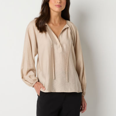 Worthington Womens Split Tie Neck Long Sleeve Blouse