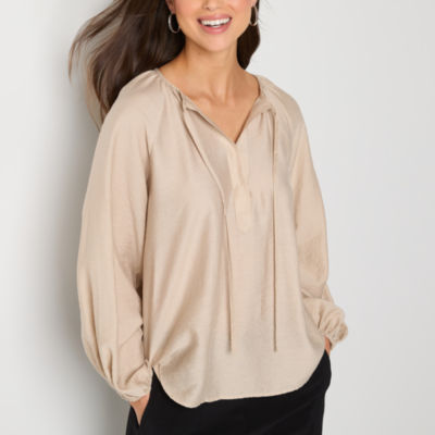 Worthington Womens Split Tie Neck Long Sleeve Blouse