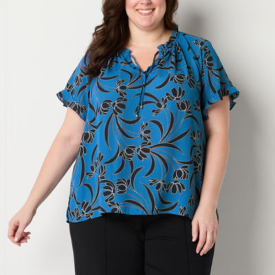 Liz Claiborne Womens Split Tie Neck Short Sleeve Plus Blouse