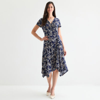 Perceptions Womens Short Sleeve Floral Midi Fit + Flare Dress
