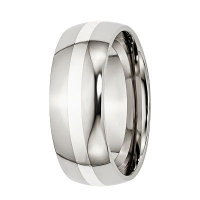 Mens 8mm Stainless Steel & Sterling Silver Inlay Wedding Band