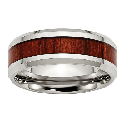 Mens 8mm Stainless Steel Wood Inlay Enameled Wedding Band