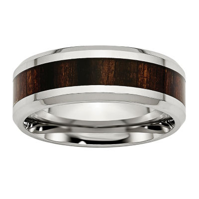 Mens 8mm Stainless Steel Wood Inlay Wedding Band