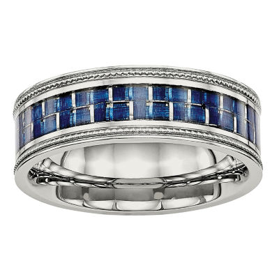 Mens 8mm Stainless Steel Blue Carbon Fiber Textured Wedding Band