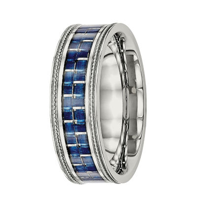 Mens 8mm Stainless Steel Blue Carbon Fiber Textured Wedding Band