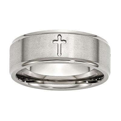 Mens 8mm Stainless Steel Cross Wedding Band