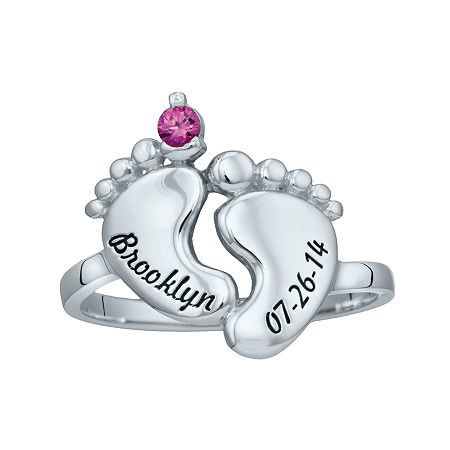 Personalized Simulated Birthstone Engraved Baby Feet Ring, 8, White