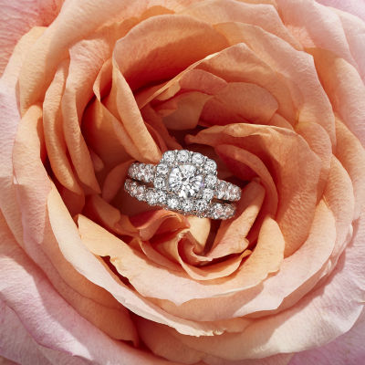 (H-I / I1) Womens 4 CT. T.W. Lab Grown White Diamond 10K White Gold Cushion Side Stone Halo Bridal Set