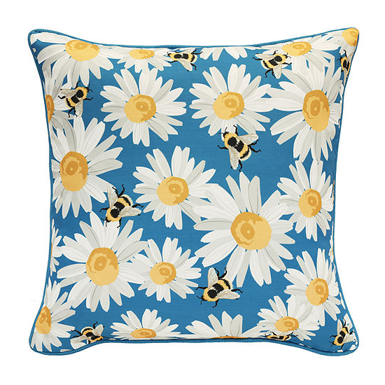 Decorative Aqua Floral Print Zip Cover Square Outdoor Pillow