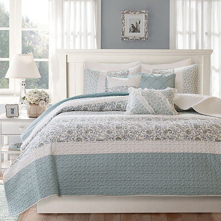 Madison Park Vanessa 6-Pc Cotton Percale Quilt Set With Throw Pillows, One Size, Blue