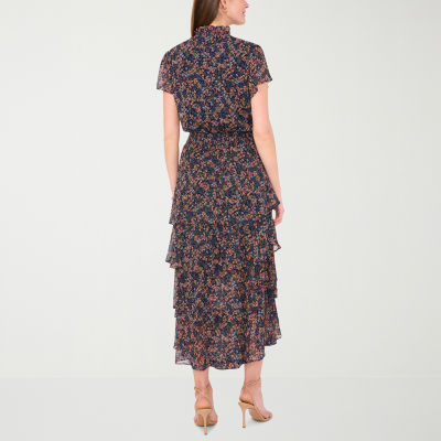 MSK Womens Short Sleeve Floral Midi Fit + Flare Dress