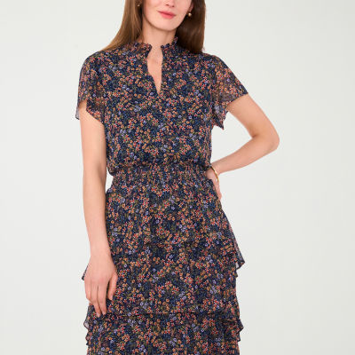 MSK Womens Short Sleeve Floral Midi Fit + Flare Dress