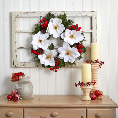 Nearly Natural 26in Magnolia Pine Indoor Christmas Wreath