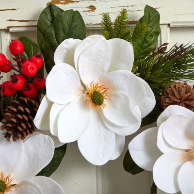 Nearly Natural 26in Magnolia Pine Indoor Christmas Wreath