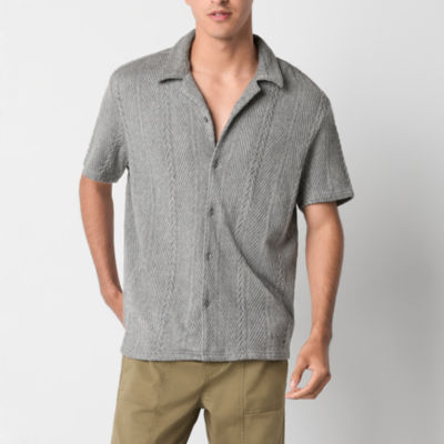 Arizona Mens Short Sleeve Button-Up Textured Sweater Shirt