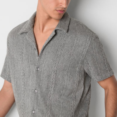 Arizona Mens Short Sleeve Button-Up Textured Sweater Shirt