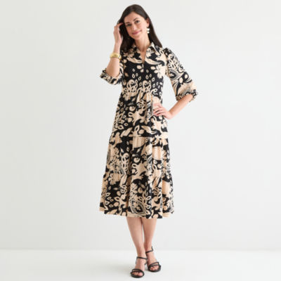 52seven Womens 3/4 Sleeve Midi Floral Shift Dress, Color: Black