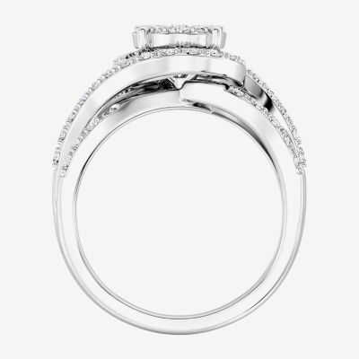 Womens 1 CT. T.W. Lab Grown White Diamond Sterling Silver Round Side Stone Cocktail Ring