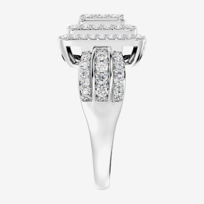 Womens 1 CT. T.W. Lab Grown White Diamond Sterling Silver Cushion Halo Side Stone Cocktail Ring