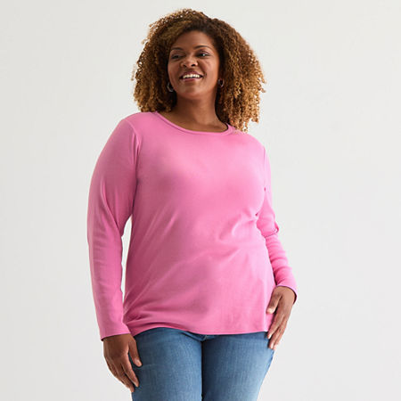 St. John's Bay Womens Crew Neck Long Sleeve T-Shirt, 0x, Pink