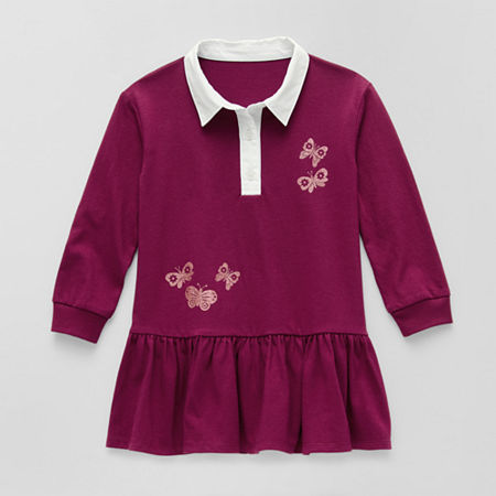 Okie Dokie Toddler & Little Girls Long Sleeve Cuffed Sleeve A-Line Dress, 6x, Purple