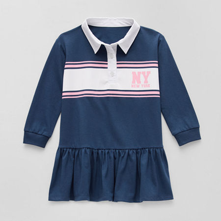 Okie Dokie Toddler & Little Girls Long Sleeve Cuffed Sleeve A-Line Dress, 6x, Blue