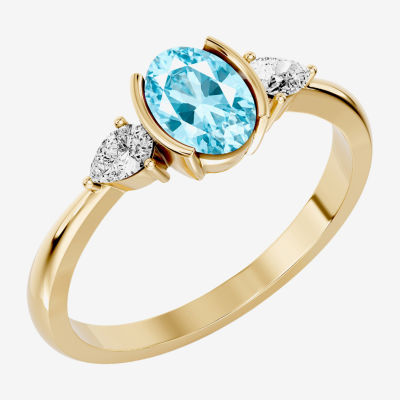 Womens 1/5 CT. Genuine Blue Aquamarine 10K Gold Oval 3-Stone Cocktail Ring