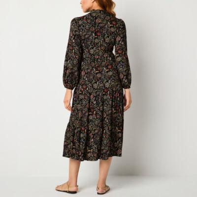 Jessica Howard Womens Long Sleeve Floral Midi Fit + Flare Dress