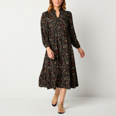 Jessica Howard Womens Long Sleeve Floral Midi Fit + Flare Dress