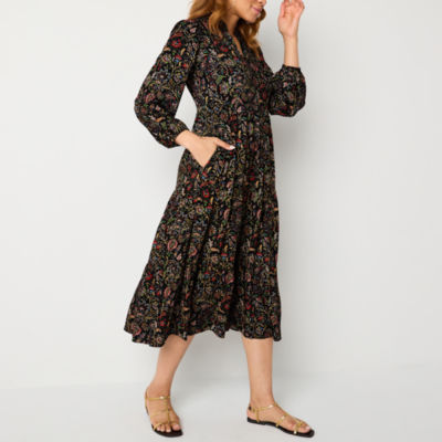 Jessica Howard Womens Long Sleeve Floral Midi Fit + Flare Dress