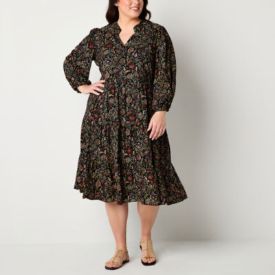 Jessica Howard Womens Plus Long Sleeve Floral Midi Fit + Flare Dress