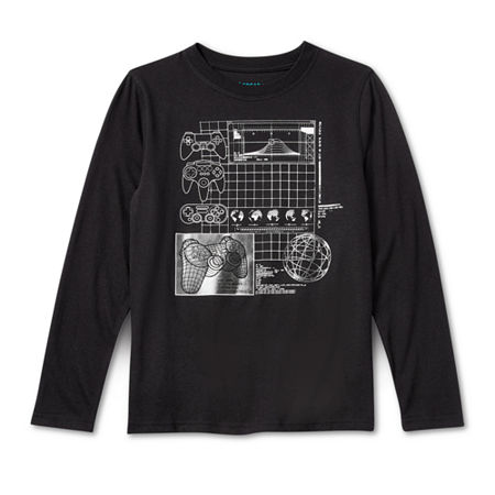 Thereabouts Little & Big Boys Crew Neck Long Sleeve Graphic T-Shirt, M (10-12) Husky, Black