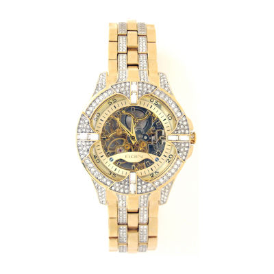 Elgin Mens Crystal Accent Gold Tone Skeleton Automatic Watch