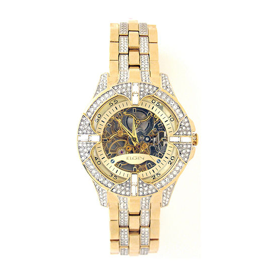 Elgin Mens Crystal-Accent Gold-Tone Skeleton Automatic Watch