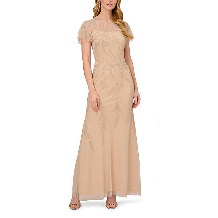 Downton Abbey Inspired Dresses Papell Boutique Short Sleeve Beaded Evening Gown 6 Beige $95.20 AT vintagedancer.com