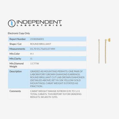 (H-I / I1) 1 CT. T.W. Lab Grown White Diamond 10K Gold Drop Earrings