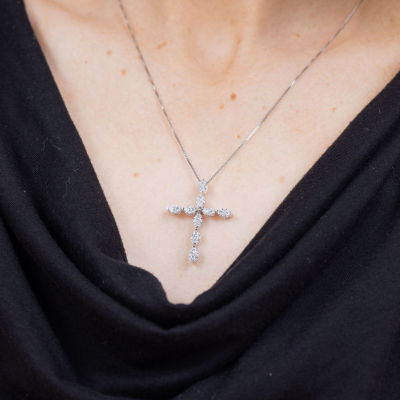 Diamond Blossom (H-I / I1) Womens 1 CT. T.W. Lab Grown White Diamond 10K White Gold Cross Pendant Necklace