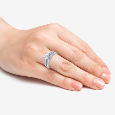I Said Yes (H-I / I1) Womens 3/8 CT. T.W. Lab Grown White Diamond Sterling Silver Heart Side Stone Halo Bridal Set