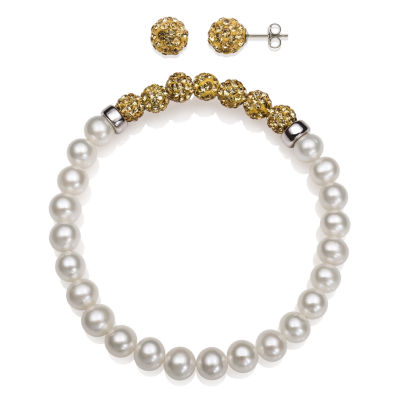 6-7Mm Cultured Freshwater Pearl And 6Mm Lab Created Crystal Bead Sterling Silver Earring And Bracelet Set