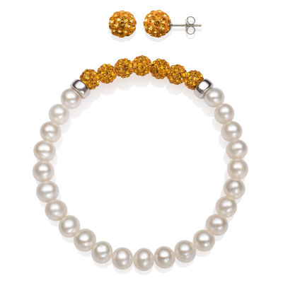 6-7Mm Cultured Freshwater Pearl And 6Mm Lab Created Crystal Bead Sterling Silver Earring And Bracelet Set