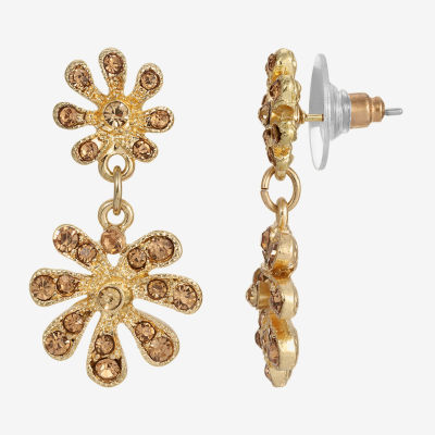 1928 Gold Tone Womens Brown Crystal Flower Drop Earrings