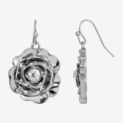 1928 Silver Tone Womens Crystal Flower Drop Earrings