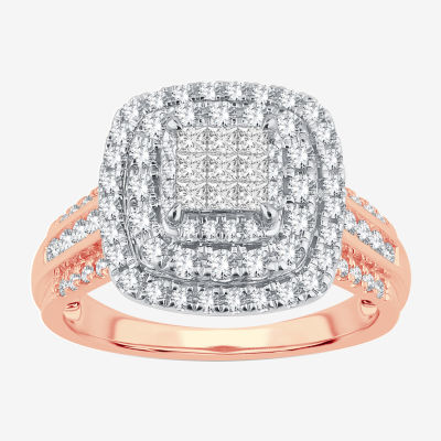 Womens 1 CT. T.W. Genuine White Diamond 10K Rose Gold Cushion Side Stone Halo Engagement Ring