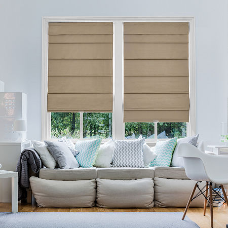 Home Basics Classic Cotton Twill Fabric With Blackout Liner Custom Cordless Blackout Roman Shade In Brown