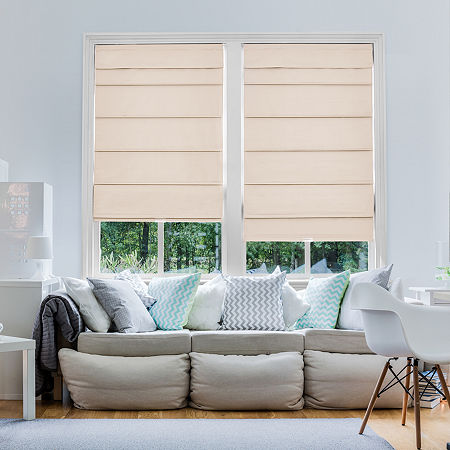 Home Basics Classic Cotton Twill Fabric With Blackout Liner Custom Cordless Blackout Roman Shade In Neutral