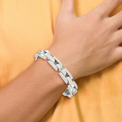 Mens 14K White Gold Stainless Steel 8 1/2 Inch Link Chain Bracelet