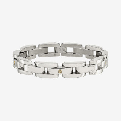 Mens 14K White Gold Stainless Steel 8 1/2 Inch Link Chain Bracelet