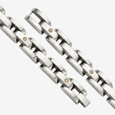Mens 14K White Gold Stainless Steel 8 1/2 Inch Link Chain Bracelet